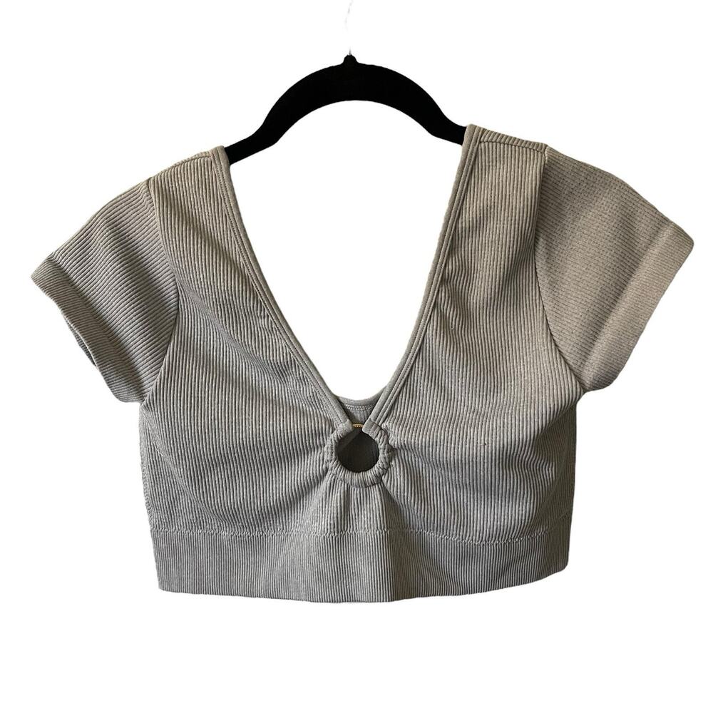 Aerie Large Cropped Top Cap Sleeve Gray Ribbed Plunge O-Ring Stretch Crop